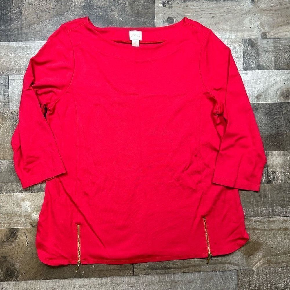 Chico’s Women’s Size 2 Blouse Red Paige Ponte Knit Pullover Too with Zippers